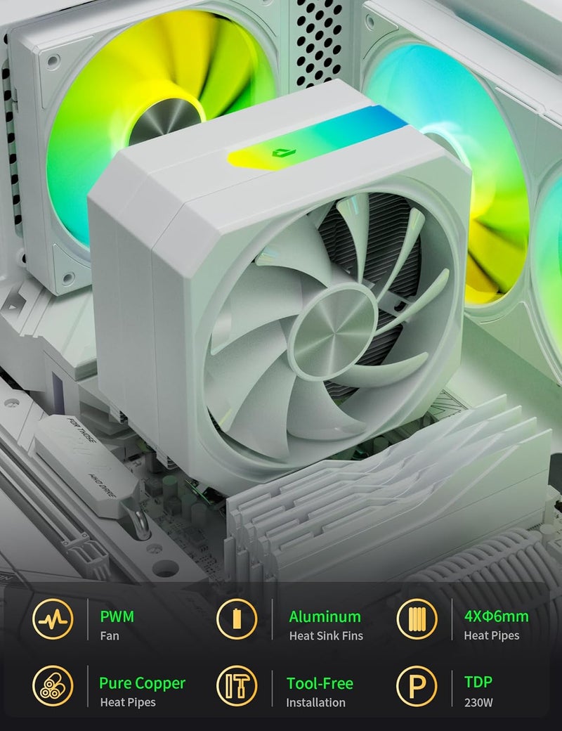 upHere CPU Air Cooler with 4X6mm Heat Pipes,120mm Fan ARGB CPU Cooler 1650rmp,CPU Cooler AMD AM5/AM4/AM3 Series,CPU Air Cooler 6.1’’ Height Compatible with Intel LGA 1851/1700/1851/1155/1156/2011(White) - Image 5